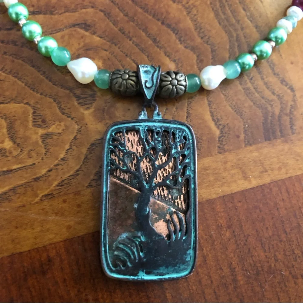 Handcrafted repurpose vintage tree pendant genuine stone pearl necklace